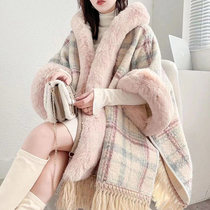 2022 cape shawl coat womens winter new fashion plus velvet thick tassel hooded fur collar mid-length coat