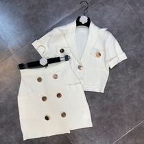 Grapefruit MM2021 summer lapel short-sleeved pocket gold buckle top with high-waisted skirt temperament little woman knitted suit