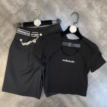  Grapefruit MM2021 summer chest hollow button short T with letter diamond chain suit pants dark black cool handsome suit