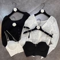 Net red grapefruit MM2021 spring and summer V-neck long sleeve thin cardigan with drill shoulder strap vest ins ins European and American Street tide two-piece set