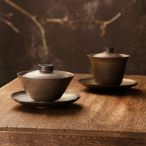  Handmade large three-cai cover bowl coarse pottery teacup tea maker tea bowl ceramic thin tire Jingdezhen hand-grasping pot household