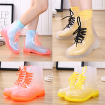 Rain Boots womens short tube fashion summer transparent rain boots non-slip lace-up water shoes Student crystal jelly shoes waterproof galoshes