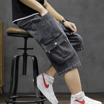 Tooling Denim Shorts Male elastic loose multiple pockets Seven Pants Summer Thin holes 50% Pants Multiple Pockets Mid Pants