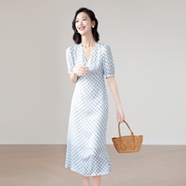  LOSTSOULS French retro LITERARY BLUE and white plaid THIN AND HIGH V-neck SILK DRESS DATING COFFEE break skirt