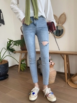 LOSTSOULS Korean high waist ripped jeans Summer net red stretch nine-point small feet TIGHT pencil pants