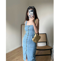 CASA162 Strap denim skirt suspender dress female high waist belly four years advanced refined denim fabric
