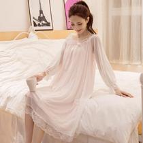 With chest pad court style lace nightgown female princess style Spring and Autumn new long sleeve cotton sexy long family clothes female