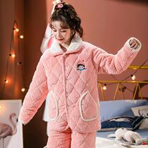 Winter pajamas female thickened velvet coral velvet warm three-layer cotton day womens flannel home clothing New