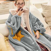 Pajamas female winter gowns thickened warm autumn students cute bathrobe Korean version plus velvet padded long coral velvet