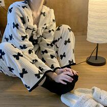 ins coral velvet pajamas women autumn and winter plus velvet padded flannel Net red long sleeve trousers warm home suit