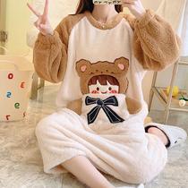 2021 new coral velvet pajamas womens autumn and winter nightskirts flannel winter pullover sweet and thick home clothes