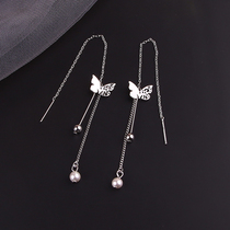 s925 silver butterfly pearl streaming Soar line female Japan-ROK minimalist design sensuous gas mesh red temperamental display with thin earrings