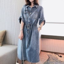 European station thin denim dress female 2021 summer waist thin casual lapel temperament over knee long skirt