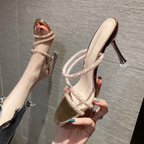  Niche design~Rhinestone thin belt sandals for women to wear summer new fairy style sexy thin-heeled high-heeled sandals