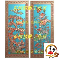 Carved figure lotus pine crane hanging screen grayscale flower and bird wood carving computer engraving relief figure crane sofa backrest vertical board