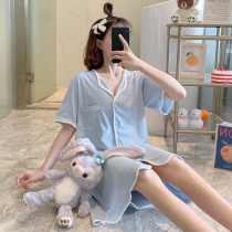 Pure Color Shirt Sleeping Skirt Woman Summer Short Sleeve Pure Cotton Thin 2022 New cardiovert pajamas with lotus leaf bedside home clothes