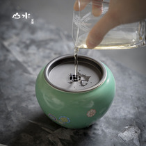 Landscape coarse pottery Turquoise green glaze Tin cover Construction water filtration Water washing Water storage water basin Kung Fu tea set Tea ceremony accessories Tea washing