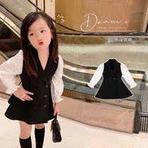 Girls dress 2021 Autumn New Net red suit fake two-piece bubble sleeve temperament skirt