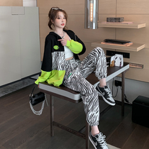 2021 new spring and autumn leisure sportswear set womens Tide brand zebra pattern large coat loose thin two-piece set