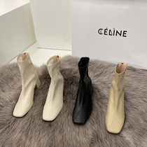 White boots womens autumn 2021 New coarse-heeled Martin boots Joker square head soft skin thin boots high-heeled womens shoes