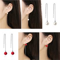 s925 Sterling Silver Pearl female 2021 Korean version of bride red temperament simple long tassel ear ornaments
