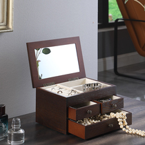 American large-capacity solid wood jewelry storage box high-grade exquisite high-grade sense drawer type with mirror dustproof and anti-oxidation