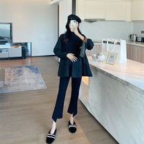 AROOM Pregnant Women's Suit Spring New Loose Shirt Pleated Top Black Casual Split Belly Pants