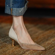 Goat Leather High Heel Shoe Woman Fine Heel Frosted Parquet Pointed Light Mouth Temperament Small Crowdspring Autumn Method Retro Genuine Leather Single Shoes