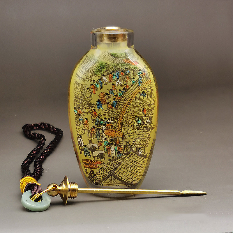 清明上河図】内絵 明黄色 ガラス鼻煙壺 149 g 唐木展示台付 2点セット