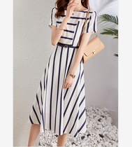 Little red book recommendation ~ SNICYKER striped retro style quality waist mid-length versatile dress for womens summer