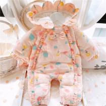  Baby clothes Autumn and winter cotton clothes Newborn female baby one-piece clothes clip cotton plus velvet thick coat hugging clothes Full moon out clothes