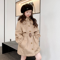 Female baby 2020 autumn and winter clothes British wind lapel Girls medium and long hooded trench coat Korean version belt Western style coat