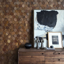  Black walnut solid wood wood log Wood mosaic TV background wall hexagonal wood wall three-dimensional decoration