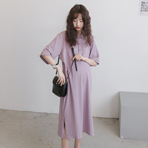 Pregnant Women summer dress Korean version of solid color polo lapel loose size medium and long pregnant women short sleeve dress ~ Jing Ling