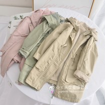 Girls loose drawstring windbreaker rolling soft lining small children Spring and Autumn Joker fashion long style jacket jacket