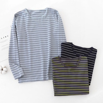Men's cotton pajamas single jacket long sleeve T-shirt thin round neck large size striped home clothing spring and autumn home clothing