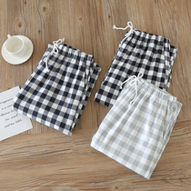 Cotton pajama pants mens trousers casual loose Japanese simple cotton home pants can be worn outside knitted Plaid spring and autumn