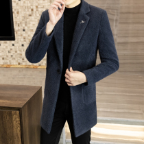 Woolen coat mens mid-length British style coat winter mens Korean version slim plus velvet thickened plus size windbreaker