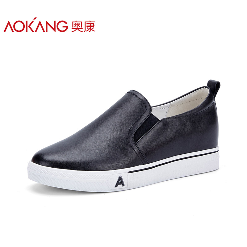 Aokang women's shoes Korean version of leather heightening women's shoes fashionable slim Lefu shoes single shoe women