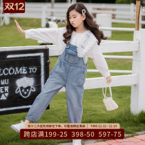 Girls jeans foreign style in the big children autumn clothes 2021 new one-piece pants childrens casual one-piece pants