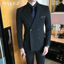 Double-breasted suit mens suit Korean slim hair stylist groom handsome trend black English casual suit