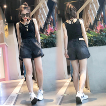  Summer denim black shorts womens thin Korean hot pants loose thin large size elastic elastic waist A-line trouser skirt