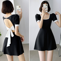 South Korea ins Net red fairy fan swimsuit female backless black one-piece dress belly thin hot spring swimsuit
