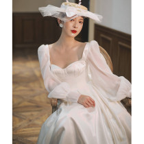 Light wedding satin French Super fairy travel simple long sleeve 2021 New Bride wedding tailing wedding wedding go out yarn