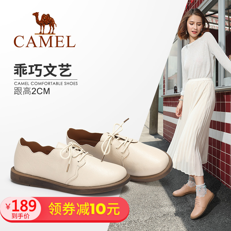 Camel Women's Shoes Autumn 2019 Leisure English Leather Shoes Women's Soft-soled Comfortable Flat-soled Shoes Lace Leather Single Shoes Women
