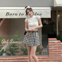 RomanceOfGirl Mind Cap Hairy Micro Turtleneck Small Short sleeve Belted Acetate Lattice skirt