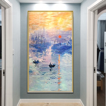 Monet Sunrise hand-painted landscape oil painting living room entrance vertical decorative painting corridor mural painting modern simple light luxury painting