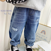 Boy Spring Break Cave Jeans 2022 New Kids Patch Personality Loose Old Daddy Pants Baby Han Version Pants