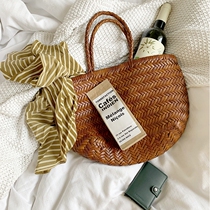 dragon French vintage first layer cowhide leather woven bag handbag female ins vegetable basket tote bag travel