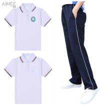 Summer blue and white school uniform suit for middle school students and men and women with the same one bar loose straight trousers Short sleeve lapel T-shirt